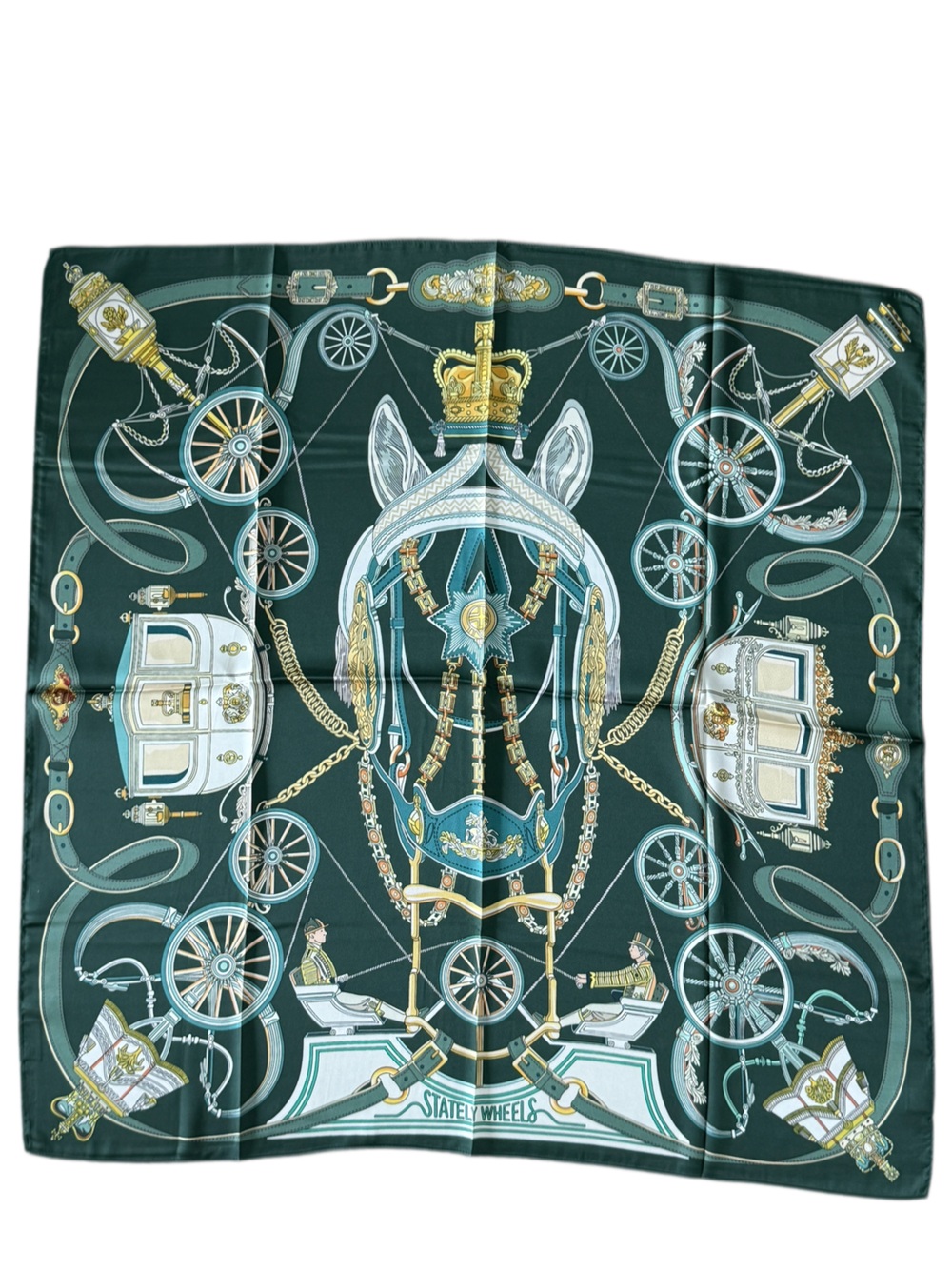 Luxury 90cm Horse & Carriage Scarf in Green and Brown